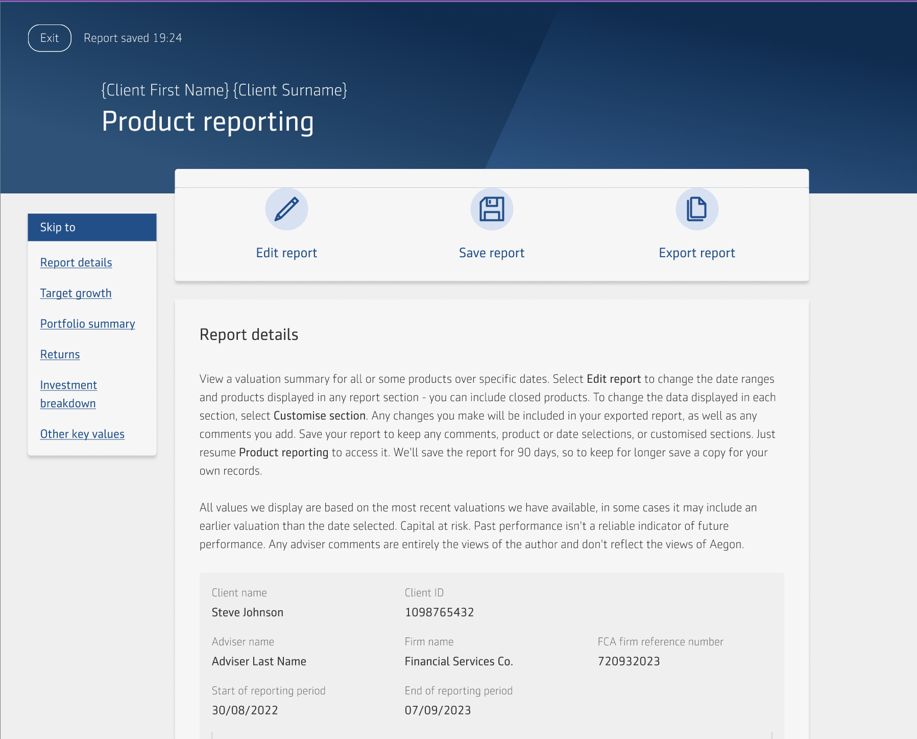 Example of a client report interface showing investment data